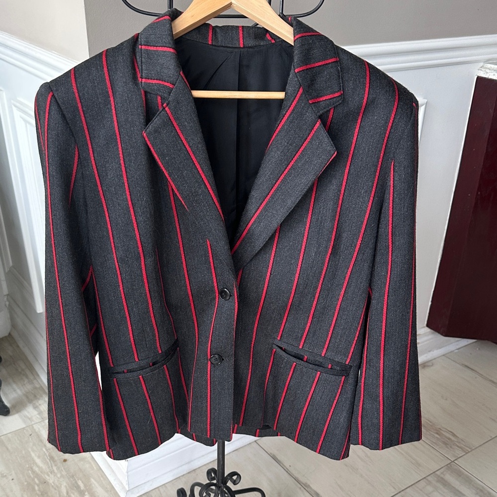 Charcoal Gray Blazer with Red Pinstripes